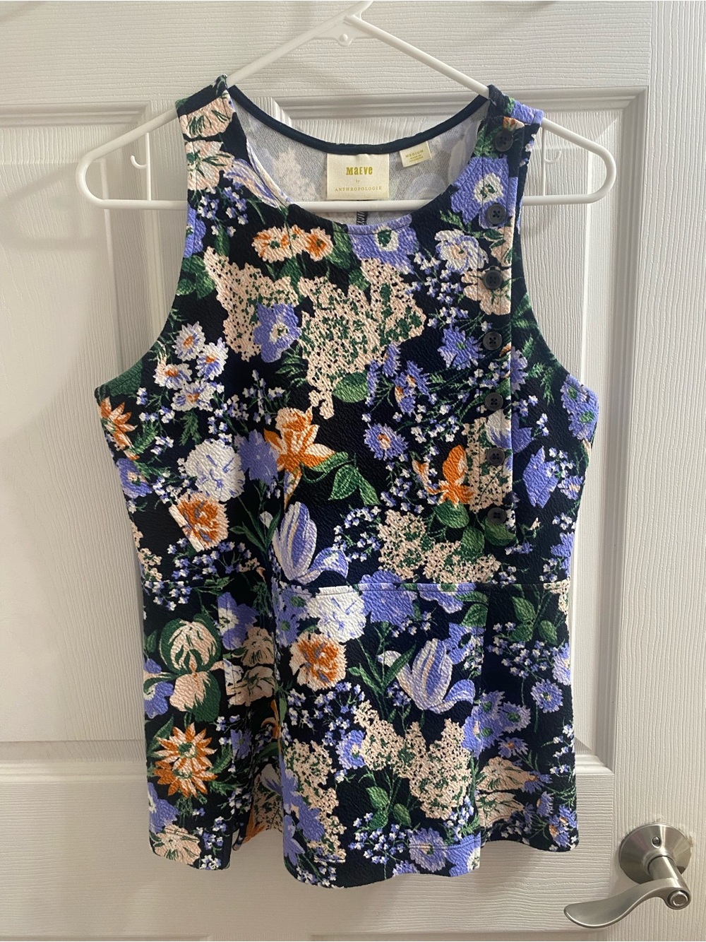 Anthropologie Maeve Black Top with Periwinkle, Peach & Green Floral Accents